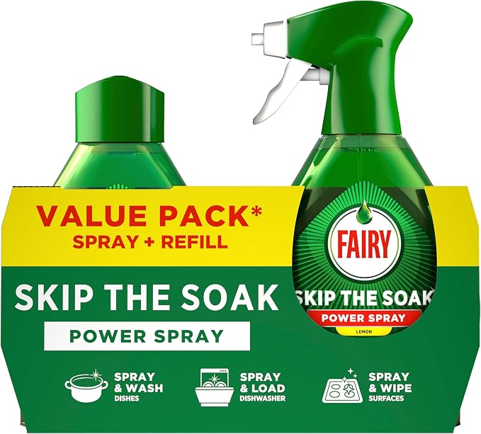 Fairy Skip the Soak Dish Spray Kit, Lemon, 1.3L (650ml Spray + 650ml Refill), 100% Grease Removal for Dishes & Surfaces