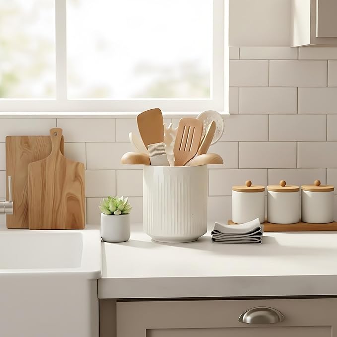 JIEMEI HOME Kitchen Utensil Holder, 7.2" Large Ceramic Stable Utensil Crock - Image 7