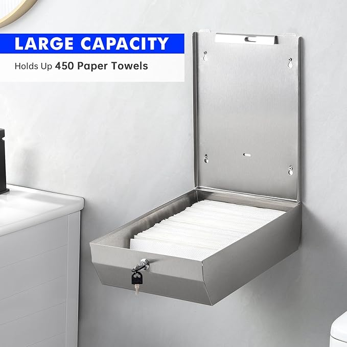 Paper Towel Dispenser Wall Mount Commercial, Brushed Stainless Steel & - Image 5