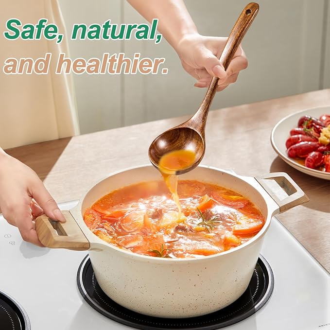 Wooden Ladles for Cooking, 2-Piece Soup Ladle & Pasta Spoon Set, Natural Teak - Image 5