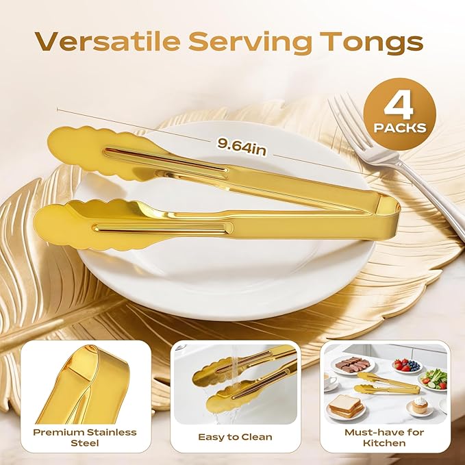 4 Pack Stainless Steel Serving Tongs, 9 Inch Gold Salad Tongs Serving Utensils - Image 2
