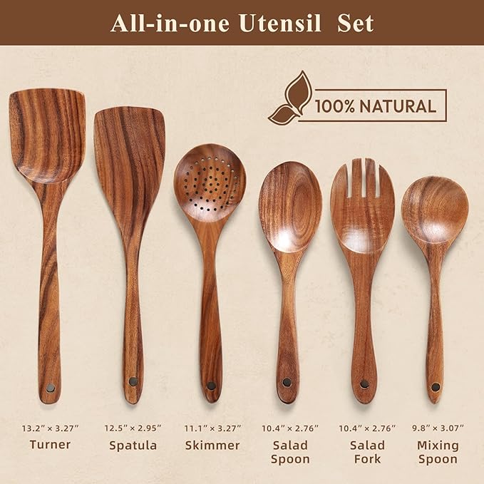 Premium Teak Wooden Spoons for Cooking, 6-Piece Wood Kitchen Utensils Set for - Image 2