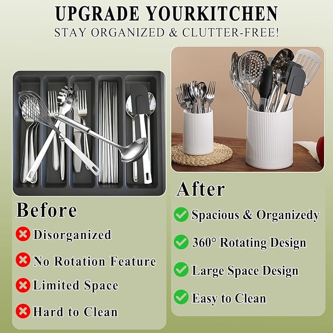 HOMQUEN 360° Rotating Utensil Holder, 6.3''+4.7'' Plastic Kitchen Utensil Holder - Image 4