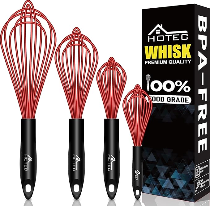 HOTEC 4 Pieces Silicone Whisks Set, Wire Balloon Whisks Egg Beater, Non-slip by Hotec