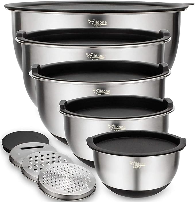 Wildone Mixing Bowls with Airtight Lids Set, with Grater Attachments & Non-Slip by Wildone