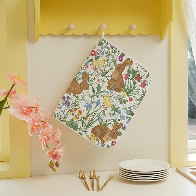 Spring Dish Drying Mat 18x24 Inch Easter Rabbit Bunny Floral Drying Mat Sage - Image 5