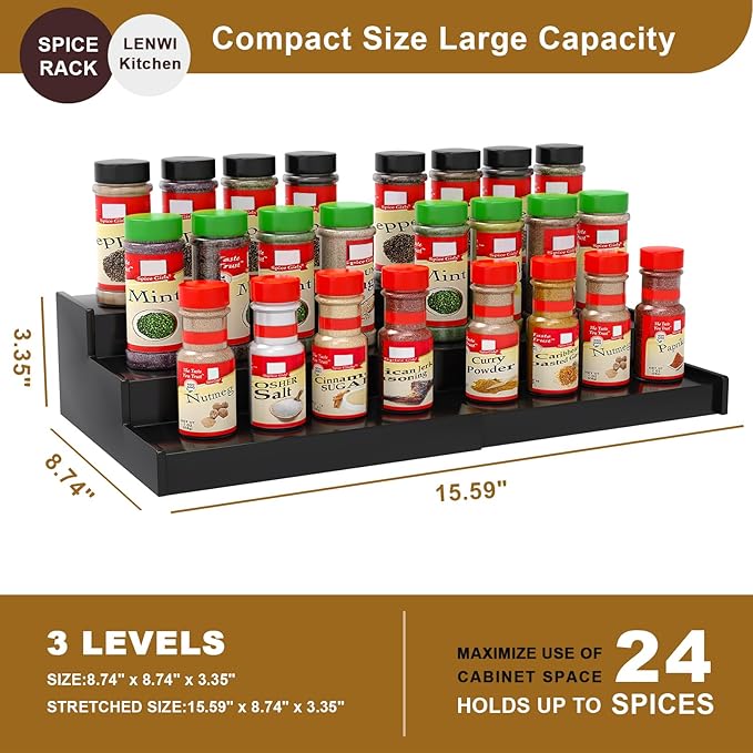 Lenwi Spice Rack Organizer for Cabinet, 3 Tier Expandable Bamboo Spice Storage - Image 5