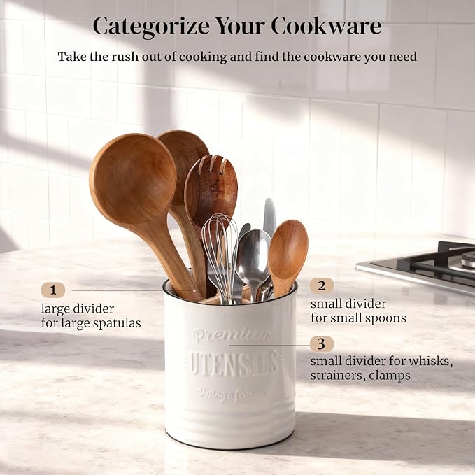 DOWAN 3 Compartment Kitchen Utensil Holder, 7.2″ Extra-Large Ceramic Stable - Image 4