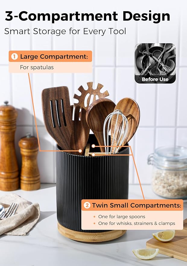 LoeJan 3 Compartment Utensil Holder, Extra Large Utensil Crock, Stable Ceramic - Image 3
