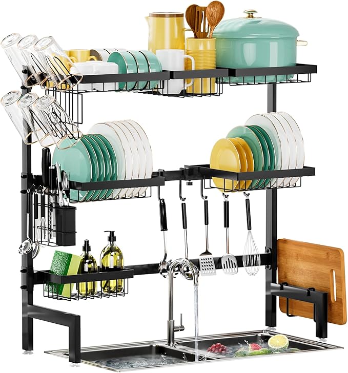 Over The Sink Dish Drying Rack, Expandable Length 3-Tier Large Stainless Steel - Image 3