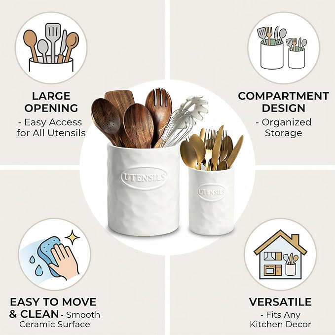 White Utensil Holder Set of 2 Ceramic Cooking Utensil Crock Modern Kitchen - Image 5