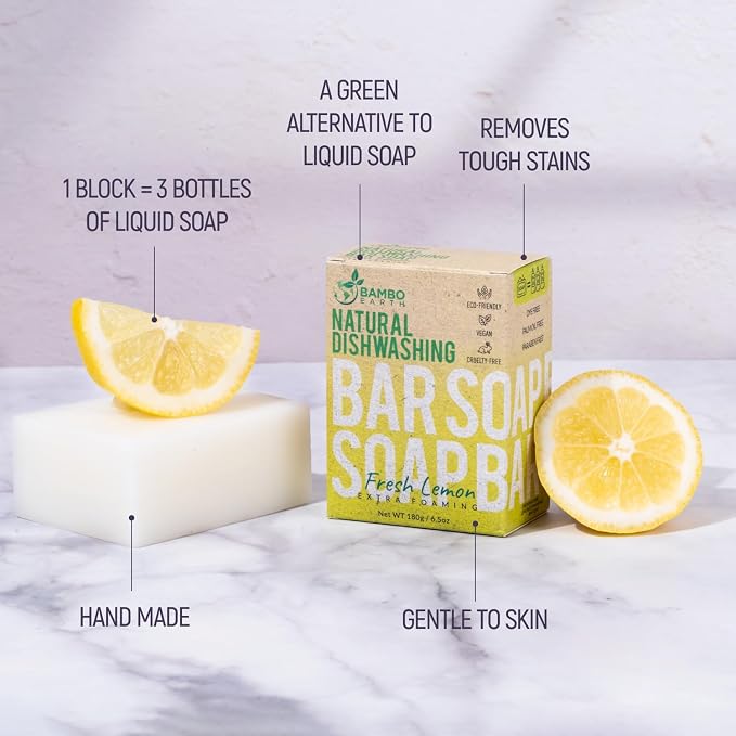 Natural Non-Toxic Dish Washing Soap - Dyes And Fragrance Free - Vegan Cruelty-Free Eco-Friendly And Zero Waste Dishwashing Handmade Solid Bar Soaps Detergent & Biodegradable (Lemon Single)