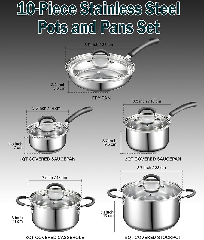 Cook N Home Stainless Steel Cookware Sets 10-Piece, Pots and Pans Kitchen - Image 2