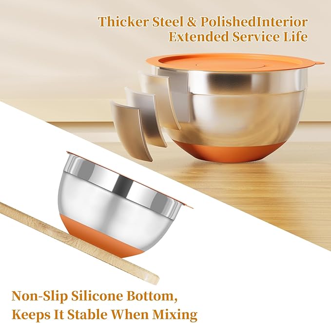 Fyrnova Mixing Bowls with Lids Set, 6 Piece Stainless Steel Nesting Storage - Image 5