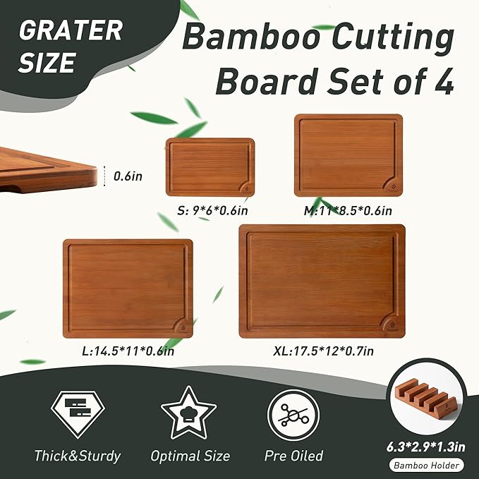 Bamboo Cutting Board Set Non Slip Feet - Image 2