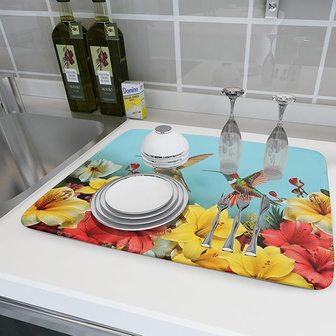 Kawani Spring Summer Hummingbirds Floral Dish Drying Mat - Image 6