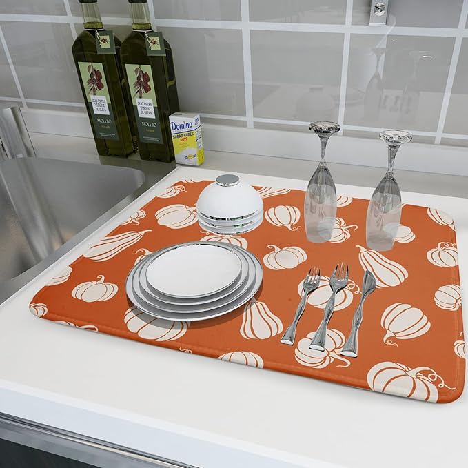 Fall Dish Drying Mat for Kitchen Counter Autumn White Pumpkins Festival - Image 6