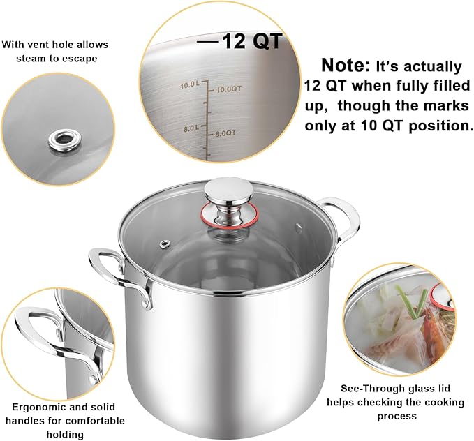 TeamFar 12 Quart Stock Pot, 18/10 Stainless Steel Large Cooking Soup Pot - Image 3