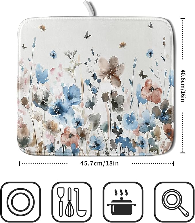 Giwawa Watercolor Floral Dish Drying Mat, Spring Summer Wildflower Microfiber - Image 2