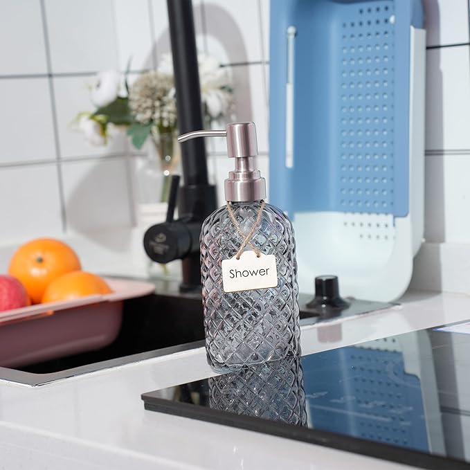 16 oz Diamond Pattern Glass Soap Dispenser, Kitchen and Bathroom Refillable - Image 2