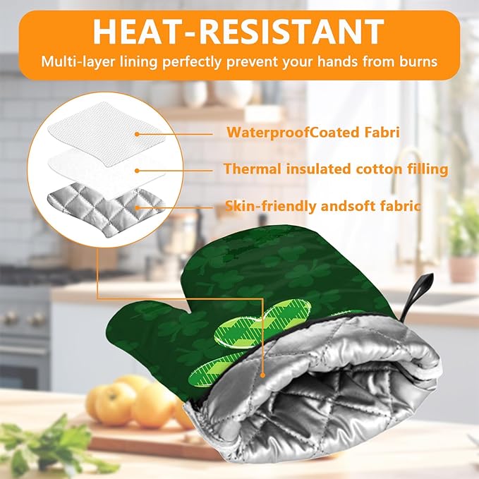 Green Clover Oven Mitts and Pot Holders Sets 4Pcs, Extra Long Oven Gloves - Image 3