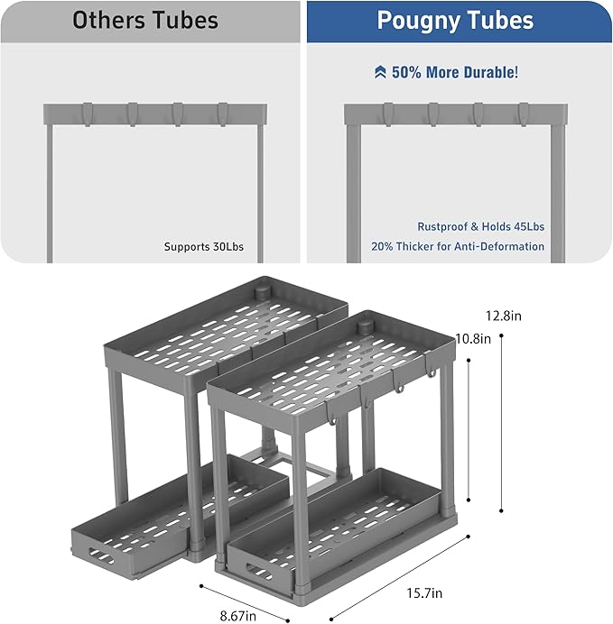 2PC Under Sink Organizer Rack 2 Tier Under Sliding Cabinet Basket Organizer - Image 2