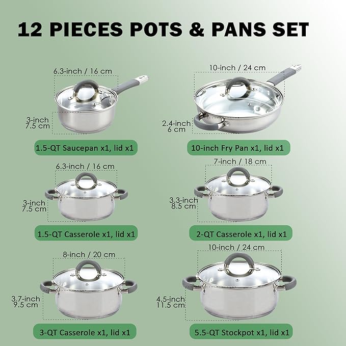 Cook N Home Stainless Steel Cookware Sets, 3-Ply 12 Pcs Pots and Pans Set - Image 2