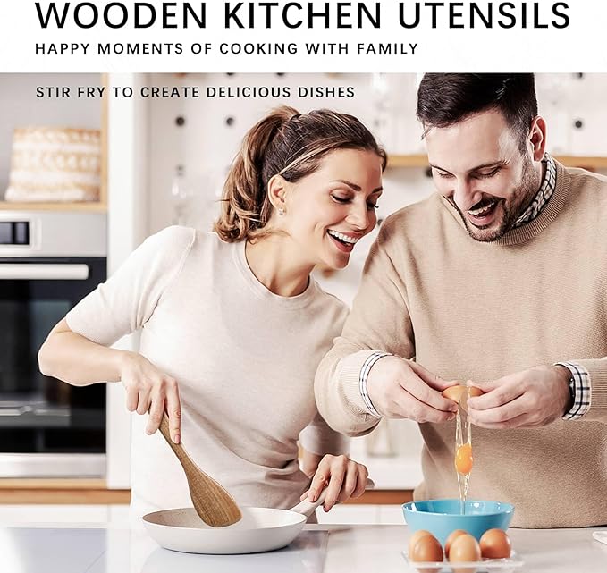 Wooden Spoons for Cooking, 4-Piece Wood Utensil Set Includes Slotted Spoon - Image 3
