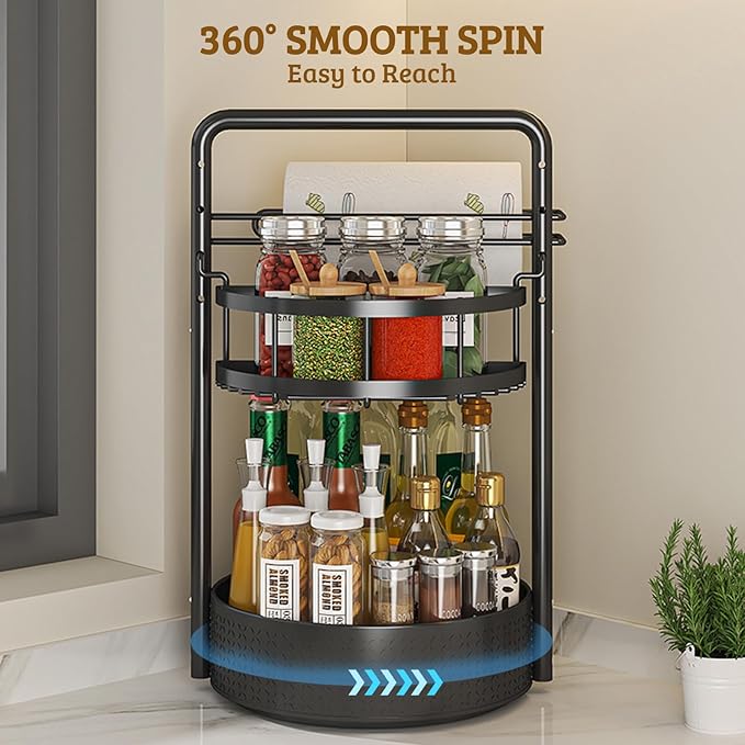 Rotating Spice Rack with Paper Towel Holder, 2 Tier Turntable Lazy Susan - Image 5