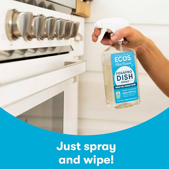 ECOS Foaming Dish Soap, Powerful Spray-On Formula, Saves Water, Wipe & Rinse Dish Cleaner - Hypoallergenic - Free & Clear, 17 Fl Oz (Pack of 4)