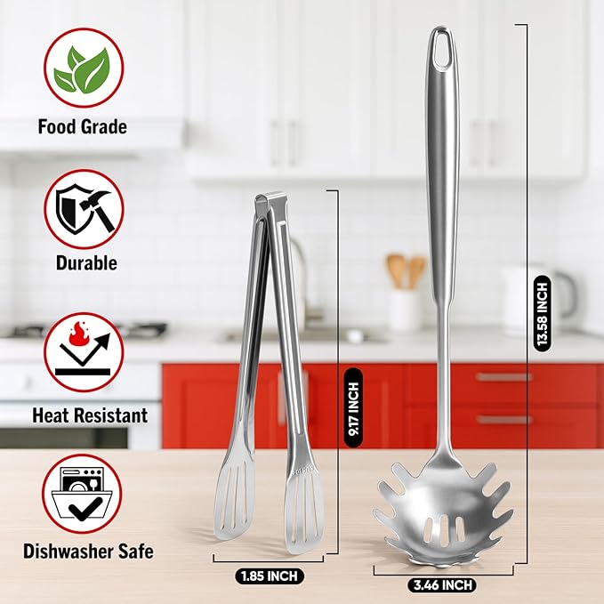 Newness 304 Stainless Steel Spaghetti Server and Spaghetti Tong, Pasta Spoon - Image 2