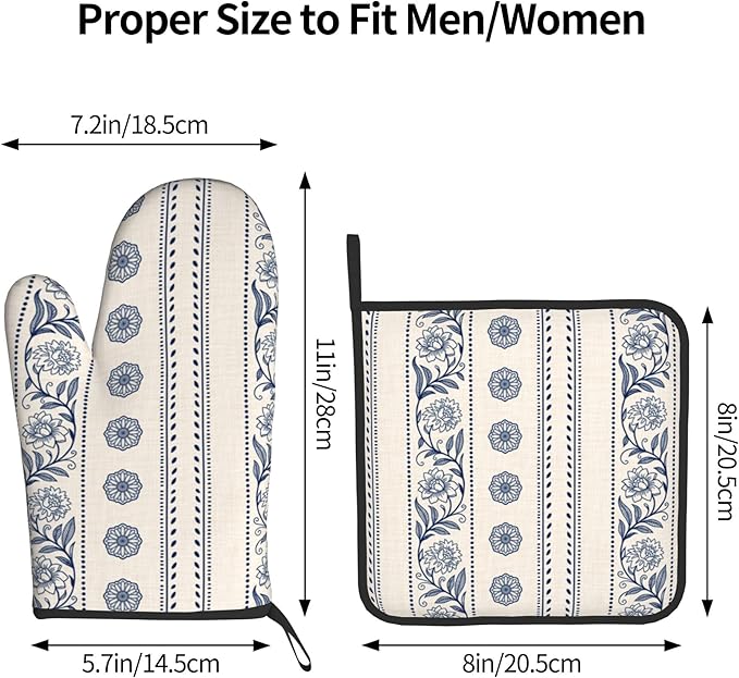 Boho Oven Mitts Set – Vintage Floral Pot Holders Kitchen Gloves - Image 3