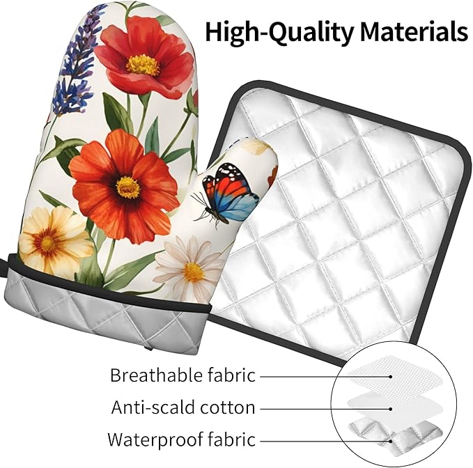 Cute Oven Mitts and Pot Holders Sets Poppy Daisy Flowers Kitchen Gloves - Image 9