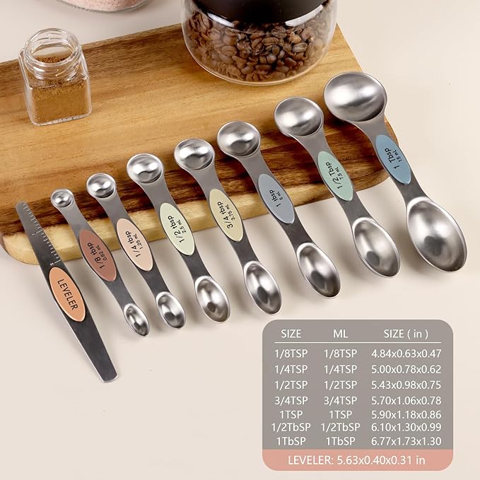 ChefAide Pack of 8 Stainless Steel Magnetic Measuring Spoons Set, Dual Sided - Image 2