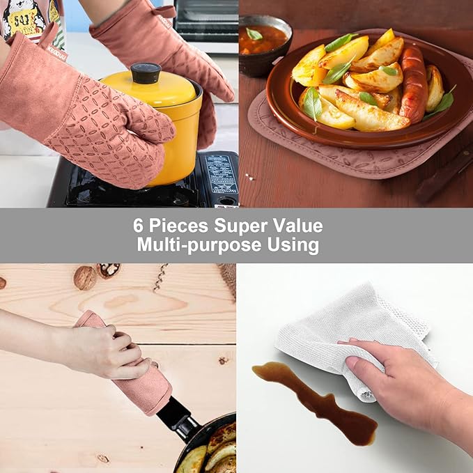 KEGOUU Oven Mitts and Pot Holders 6pcs Set, Kitchen Oven Glove High Heat - Image 7