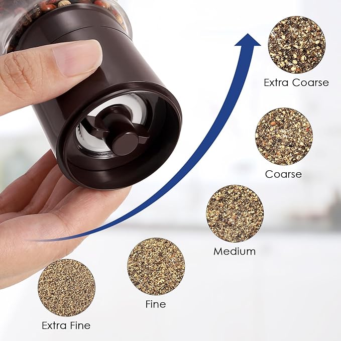 Vzaahu Salt and Pepper Grinder Set Brown, Refillable Small Shakers, Adjustable - Image 8