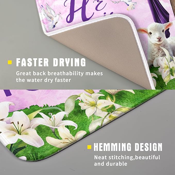 Giwawa Easter Purple Dish Drying Mat, He is Risen Cross Lamb Floral Dish - Image 3