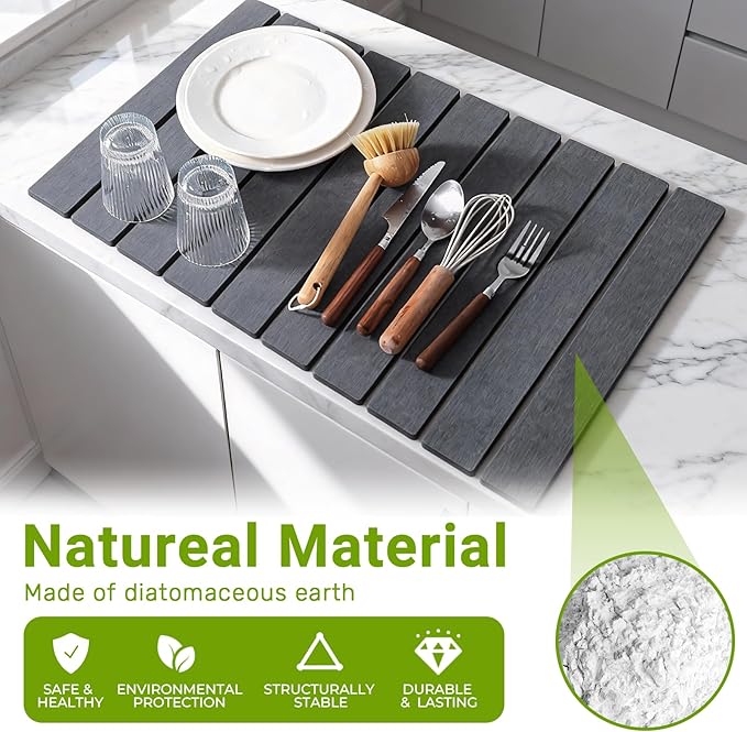 Large Stone Dish Drying Mat for Kitchen Counter, Foldable Diatomaceous Earth - Image 2