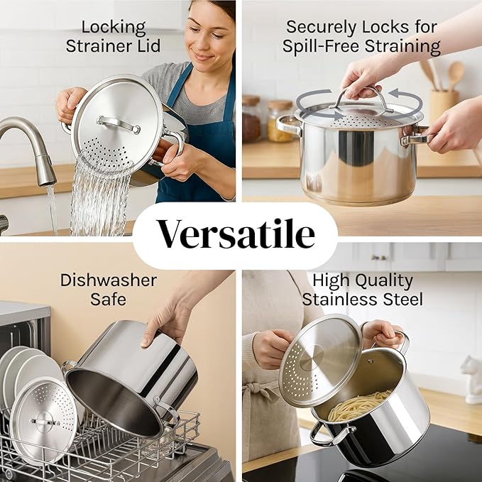 Stainless Steel Pasta Pot with Strainer Lid — 5.5 Qt Large Capacity Spaghetti - Image 4
