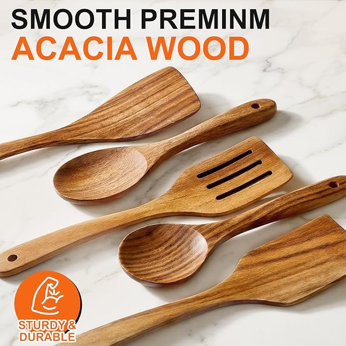 5 Pcs Best Wooden Spoons for Cooking Kitchen Utensils Set Acacia Wood Cooking - Image 8