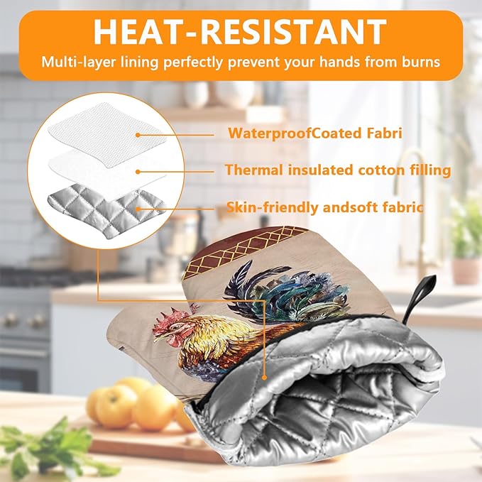 Rooster Oven Mitts and Pot Holders Sets 4Pcs, Extra Long Oven Gloves Potholder - Image 3
