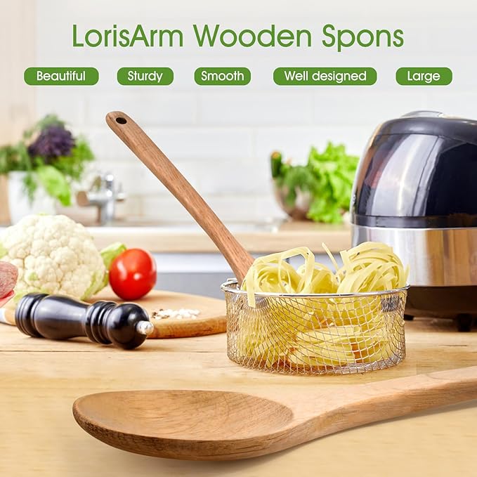 LorisArm Wooden Cooking Spoon 2PC, Large 12" Solid Wood Serving Spoons Set - Image 3