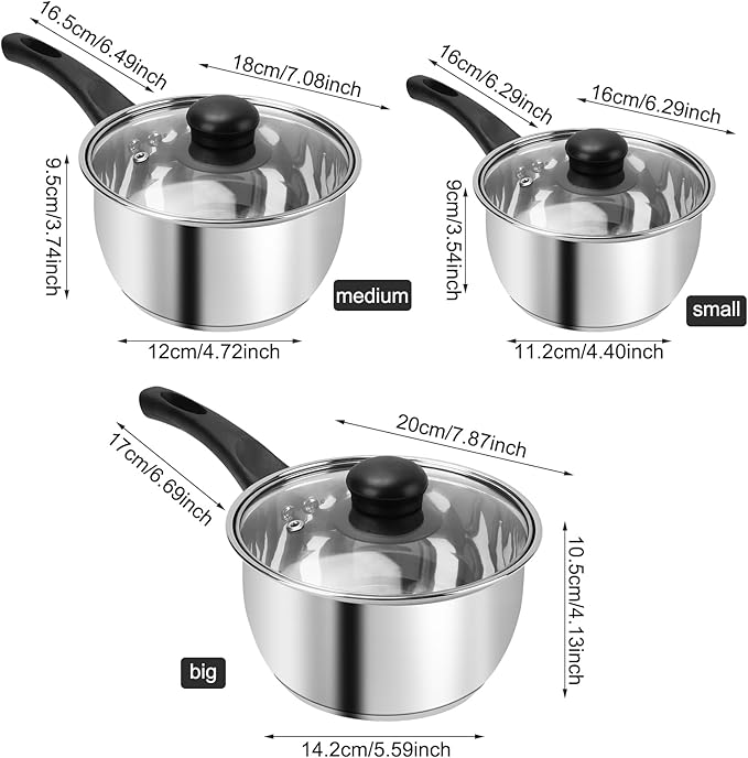 Stainless Steel Pot Set with Lid 6pcs, Sauce Pans 1QT & 2QT & 3QT Set, Triply - Image 3