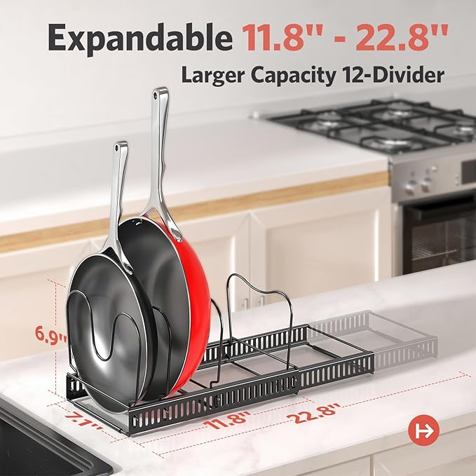 ORDORA Pots and Pans Organizer under Cabinet, Expandable 11.8"-22.8" Pot Lid - Image 3