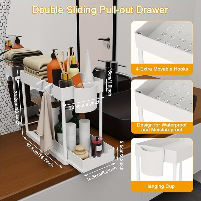 2 Pack Under Sink Organizers and Storage, 2-Tier Sliding Cabinet Organizer - Image 2