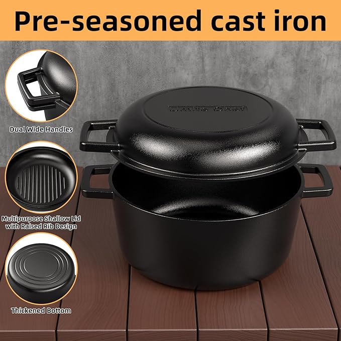 Cast Iron Dutch Oven Pot with Skillet Lid – Pre-Seasoned – Skillet Lid Cooking - Image 7