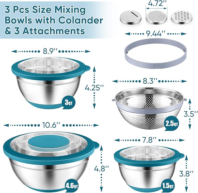 P&P CHEF Mixing Bowls with Lids Set of 3, Stainless Steel Mixing Bowl and - Image 2