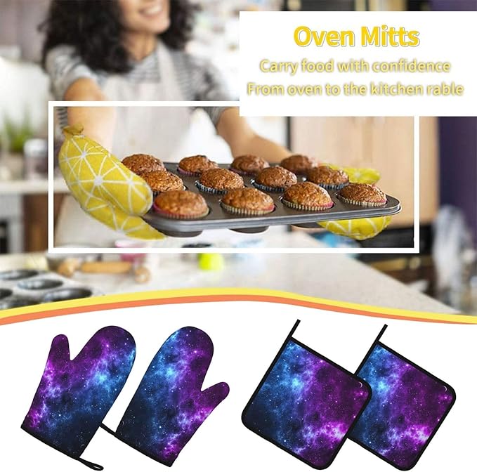 Cool Blue Purple Galaxy Oven Mitts and Pot Holders Sets of 4, Heat Resistant - Image 7