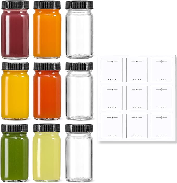 9 Pack, 2 oz Glass Shot Bottles w/ Black Lids & 9 Labels by MakeLifeBetterEasier