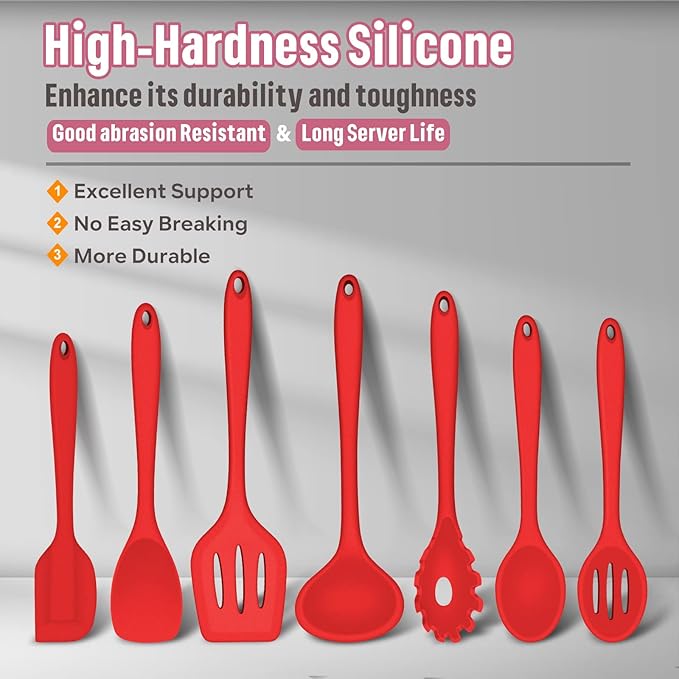 Silicone Cooking Utensils Set, E-far 7-Piece Red Heat Resistant Kitchen - Image 2